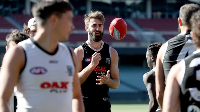 Todd Marshall’s return to the Port Adelaide side has given Justin Westhoff more freedom to roam up the ground. Picture: AAP Image/Kelly Barnes