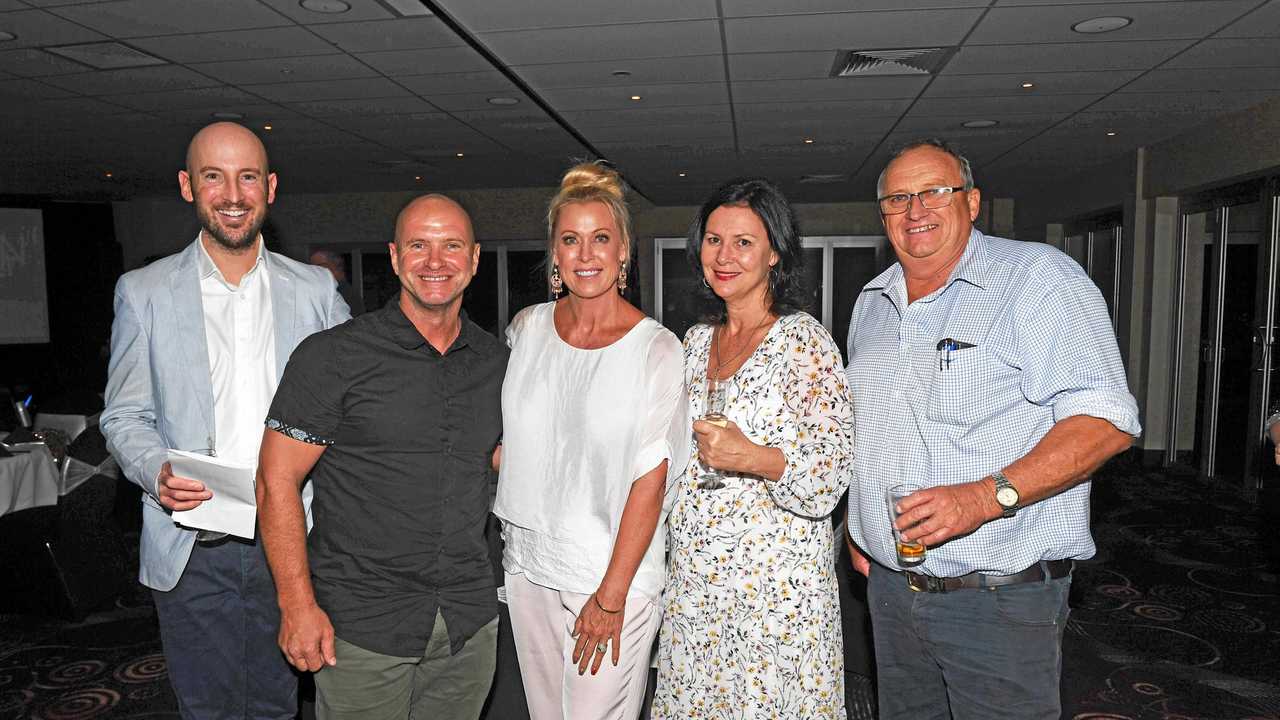 Gympie Times Club Event featuring guest speaker Lisa Curry at the RSL: MC Dave McLenaghan, Steve Hirst, Lisa Curry, Shelley Strachan and John Cochrane. Picture: Troy Jegers