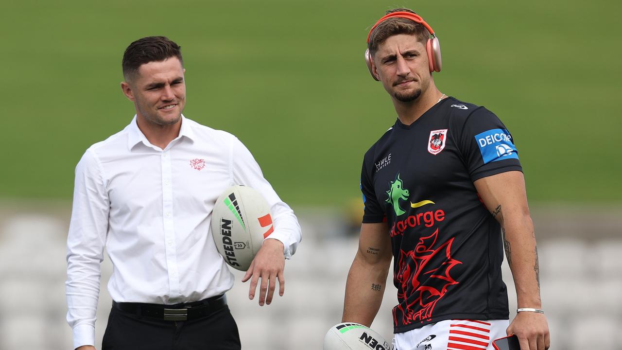 Zac Lomax (right) won’t be at the Dragons next year after months of speculation that he wanted to leave. Picture: Jason McCawley/Getty Images