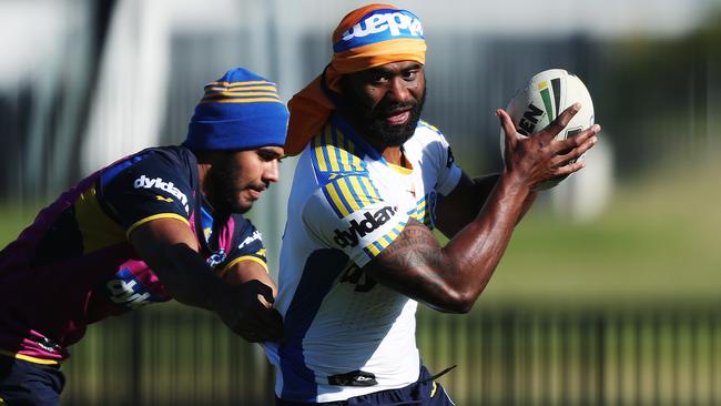 Semi Radradra of the Parramatta Eels rugby league team returns to a closed training session at Old Saleyards Reserve, Parramatta after facing charges of domestic violence. Pic Brett Costello