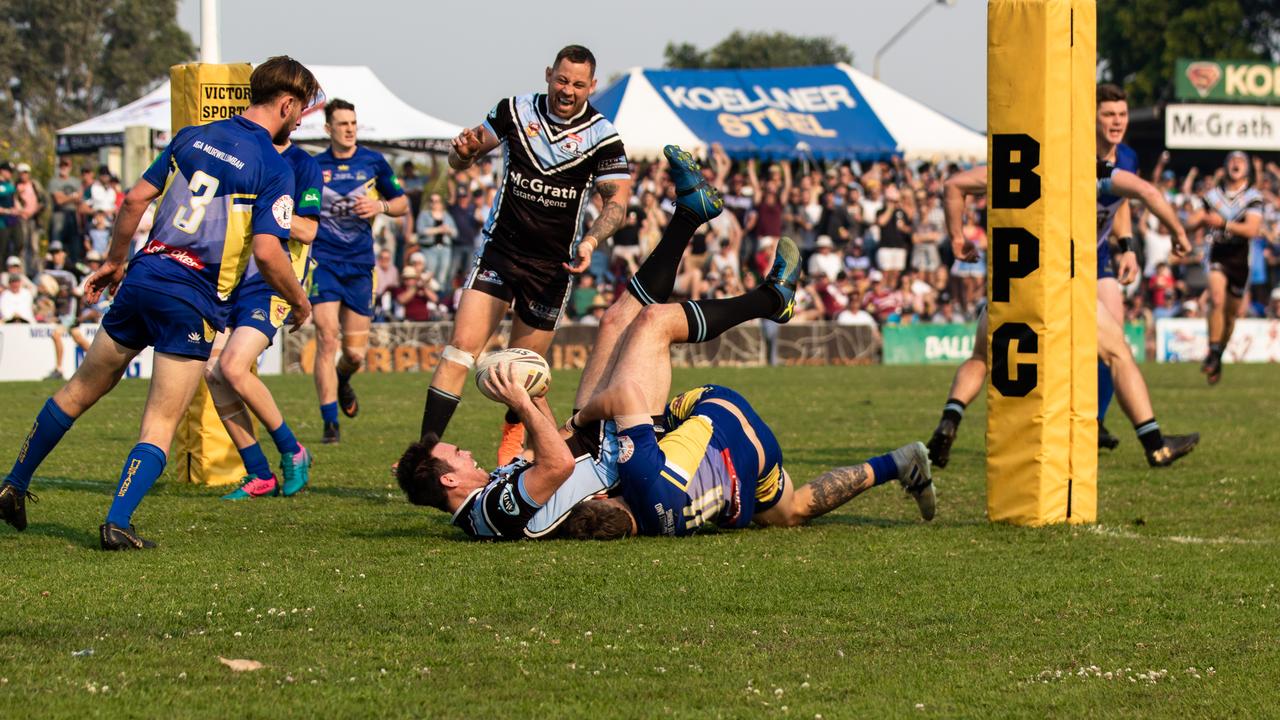 NRL legend Jamie Lyon scores the first try in the 2018 NRRRL grand final against Murwillumbah.