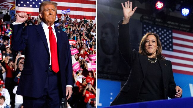 Republican presidential candidate Donald Trump at a rally in Reading, Pennsylvania; and Democratic presidential candidate Kamala Harris in Allentown, Pennsylvania, as the campaign nears its end. Picture: Reuters/Getty Images