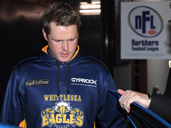 Whittlesea defender Dale Saddington leaves the Northern Football League tribunal after giving evidence. AAP Image/Julian Smith