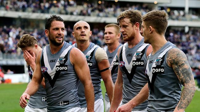 Travis Boak and his Power teammates leave the field at half-time in their loss to Fremantle. Picture: Will Russell/AFL Photos/via Getty Images