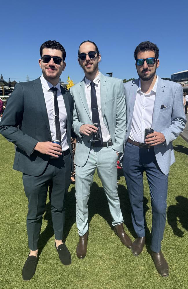 Joseph Dimattia, Brodie Bugeja and Anthony Cimino at the Melbourne Cup at Flemington Racecourse on November 5, 2024. Picture: Phillippa Butt