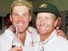 10Aug97. Australia's Ashes cricket tour of England. Fifth Test at Nottingham. Shane Warne and Ian Healy celebrate their Ashes clinching victory over England at Trent Bridge. p/
/cricket