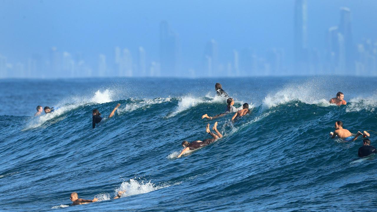 Surfers fight for waves at Snapper Rocks yesterday. Picture: Scott Powick