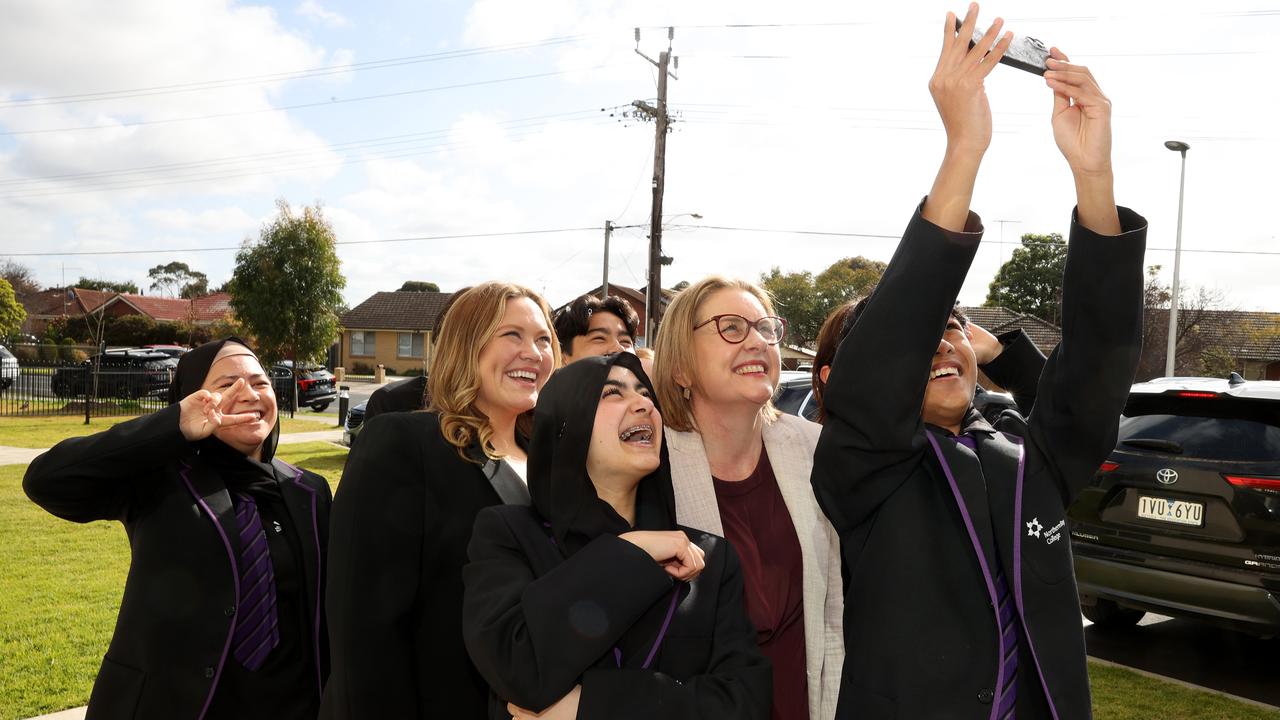 Selfie time: Lara MP Ella George (second from left) and Victorian Premier Jacinta Allan during their visit to Northern Bay College’s Goldsworthy campus on Friday. Picture: Alison Wynd