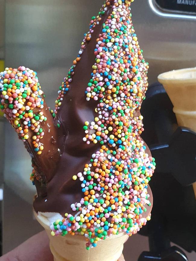 No filter choc dip with twirl and sprinkles at the Cone Queen.