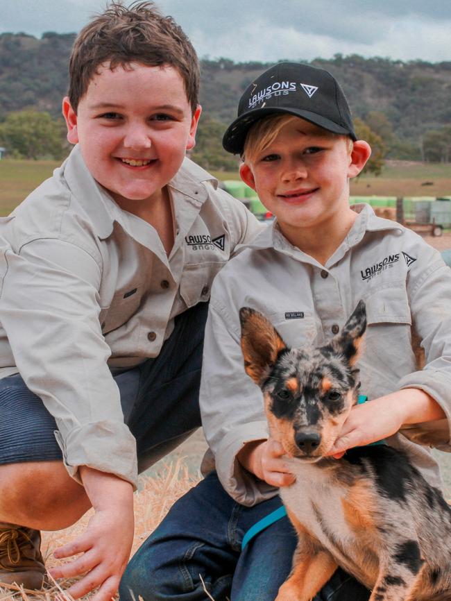 Lach Moore and Luke Miller with Whisky the dog. Picture: Madeleine Stuchbery