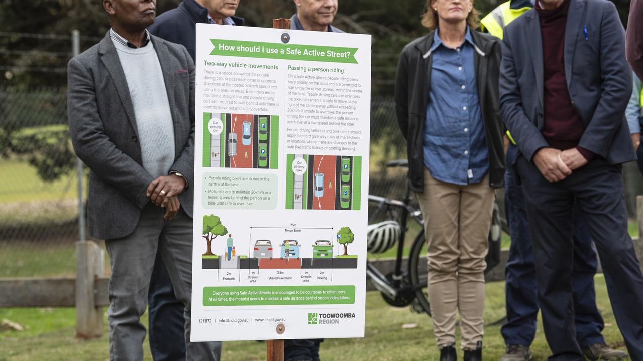 Pierce St in South Toowoomba is launched as Queensland's first active street – where bicycles have equal rights to cars, Friday, June 21, 2024. Picture: Kevin Farmer