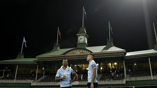 Kurtley Beale and Israel Folau in front of the iconic SCG Members stand. Picture: Getty 