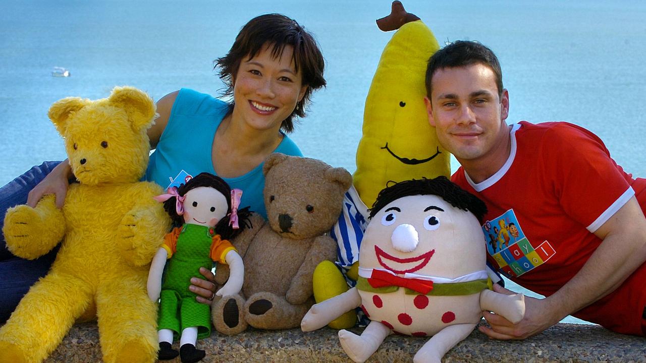 Play School actors Karen Pang and Teo Gebert with Big Ted, Jemima, Little Ted, Banana and Humpty Dumpty. Picture: Julianna Osborne