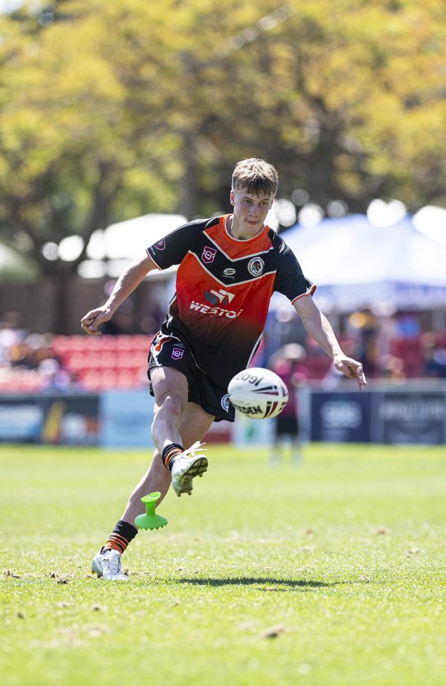 Hunter Tate-Roche converts for Southern Suburbs against Dalby Devils in U14 boys Toowoomba Junior Rugby League grand final at Toowoomba Sports Ground, Saturday, September 7, 2024. Picture: Kevin Farmer