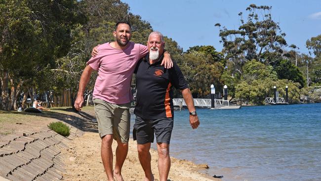 Dean and Wayne Huxley enjoy some time at Currumbin creek. Picture: AAP/John Gass