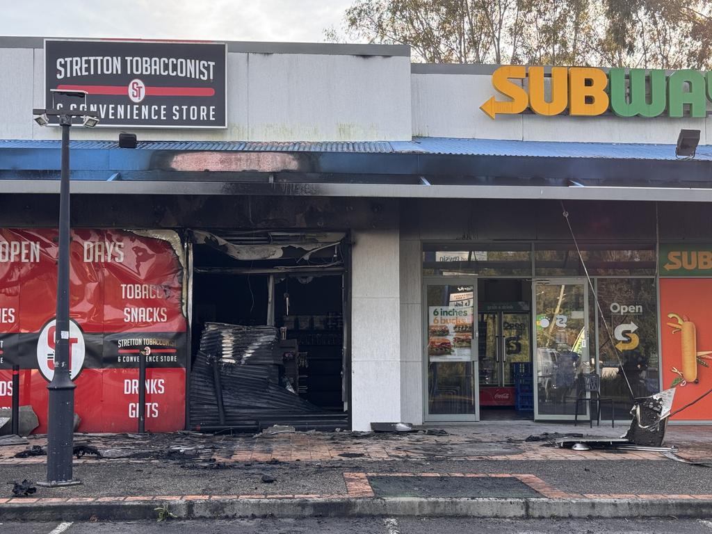 Initial investigations indicate four offenders drove a silver Mazda BT50 through the front doors of Stretton Tobacconist on Condamine St in Runcorn, before setting the vehicle alight about 1.30am.