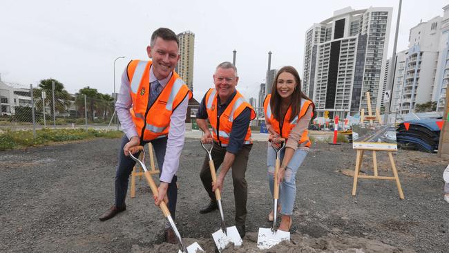 Light rail Stage 3 breaking ground. Pictured at the Mermaid Beach station. L-R State Minister Transport Mark Bailey, Federal Senator Murry Watt, State Environment Minister Meaghan Scanlon. Picture: Mike Batterham