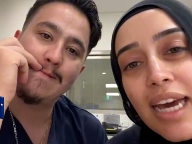 NSW government officials are investigating after nurses at Bankstown Hospital, Rashad Nadir and Sarah Abu Lebdeh, wearing their NSW Health uniforms were filmed declaring they refuse to treat Israeli people and would "kill them" if they present to their ward. Picture: NewsWire Handout