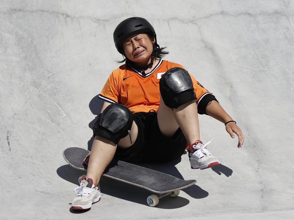 It was heartbreak for Japan’s Misugu Okamoto as she crashed during the Women’s park skateboarding finals event. Picture: Alex Coppel.