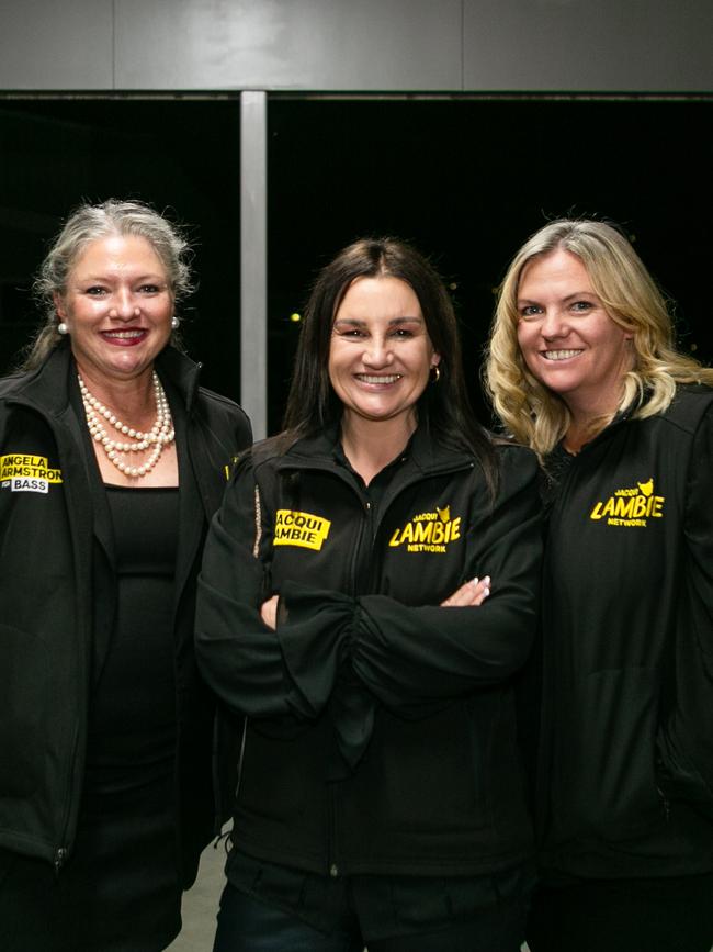 Senator Jacqui Lambie and founder of the Lambie Network, centre, with Bass candidates Angela Armstrong, left, and Rebekah Pentland at an event at the Launceston RSL as the votes are tallied in the 2024 Tasmanian State Election. Picture: Patrick Gee