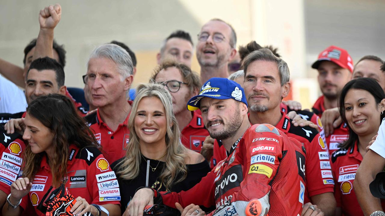 Ducati Australian rider Jack Miller celebrates his second place in the qualifying session on the eve of the Moto Grand Prix GP of Aragon at the Motorland circuit in Alcaniz on September 17, 2022. (Photo by Pierre-Philippe MARCOU / AFP)