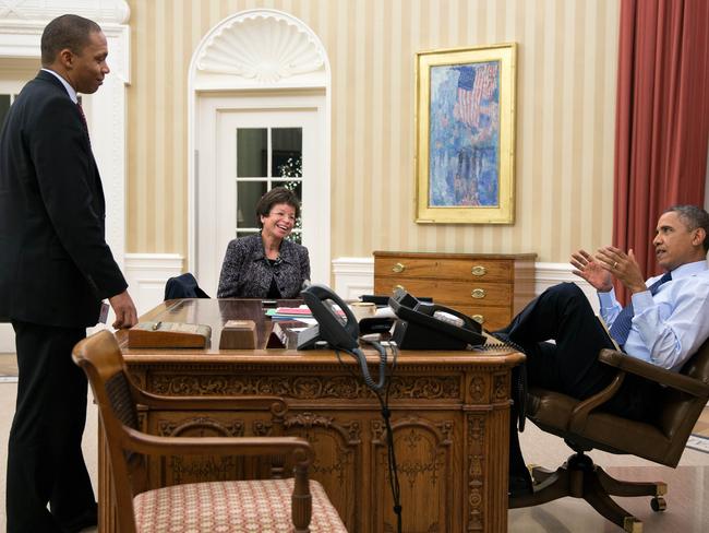 Barack Obama with senior advisor Valerie Jarrett in the Oval Office. Picture: AFP