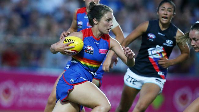 AFLW Round 4. Western Bulldogs v Carlton at the Whitten Oval. Ellie Blackburn clears from half back. Pic: Michael Klein