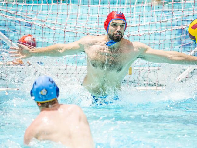 Matt Lenarduzzi in the penalty shoot-out in the Queensland Premier League Water Polo match between Kawana Wolves and River City at Fortitude Valley Pool, Sunday, October 25, 2020 - Picture: Richard Walker