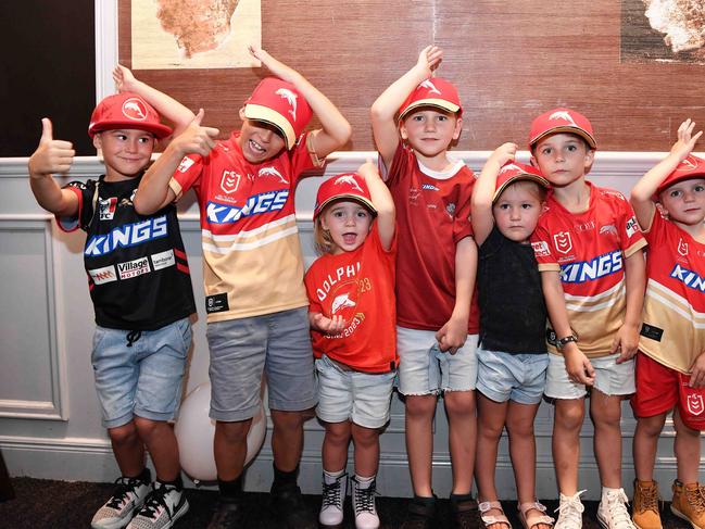 NRL:Roosters V Dolphins, Suncorp Stadium. Pictured at The Lord Alfred is Jai, Jaxon, Quinn, Aechie, Ella, Rocco and Ziggy. Photo: Patrick Woods.