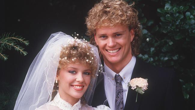 (AAP111) 25 November, 1999 - Century TV Soap: Henry (Craig McLaughlin) and Charlene (Kylie Minogue) at the wedding of Charlene and Scott (Jason Donovan) in Neighbours. (Photo: Grundy Organisation)