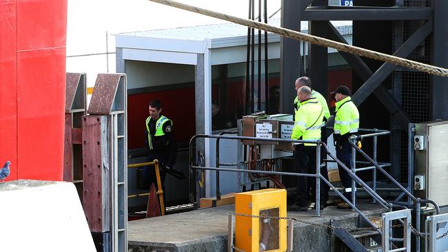 Police board the Spirit of Tasmania 1 at Devonport during drug busts last month. Picture: CHRIS KIDD.