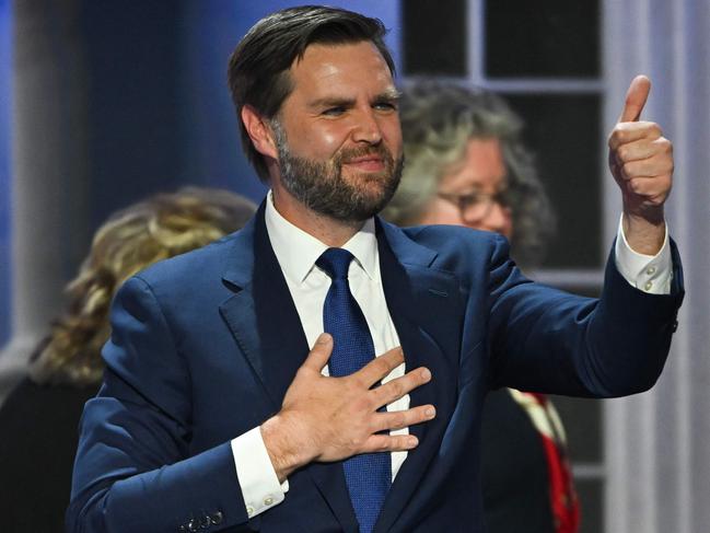 US Senator from Ohio and 2024 Republican vice presidential candidate J.D. Vance gives a thumbs up after finishing his remarks during the third day of the 2024 Republican National Convention at the Fiserv Forum in Milwaukee, Wisconsin, on July 17, 2024. Days after he survived an assassination attempt Donald Trump won formal nomination as the Republican presidential candidate and picked Ohio US Senator J.D. Vance for running mate. (Photo by ANDREW CABALLERO-REYNOLDS / AFP)