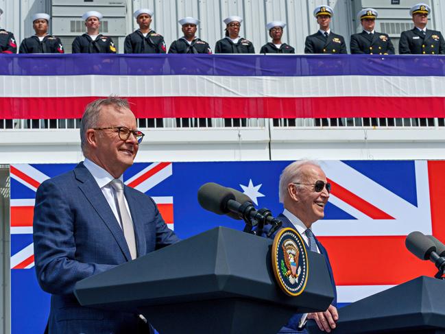 SAN DIEGO, CALIFORNIA - MARCH 13: Australian Prime Minister Anthony Albanese (L), US President Joe Biden (C) and British Prime Minister Rishi Sunak (R) hold a press conference after a trilateral meeting during the AUKUS summit on March 13, 2023 in San Diego, California. President Biden hosts British Prime Minister Rishi Sunak and Australian Prime Minister Anthony Albanese in San Diego for an AUKUS meeting to discuss the procurement of nuclear-powered submarines under a pact between the three nations. PIC: PMO