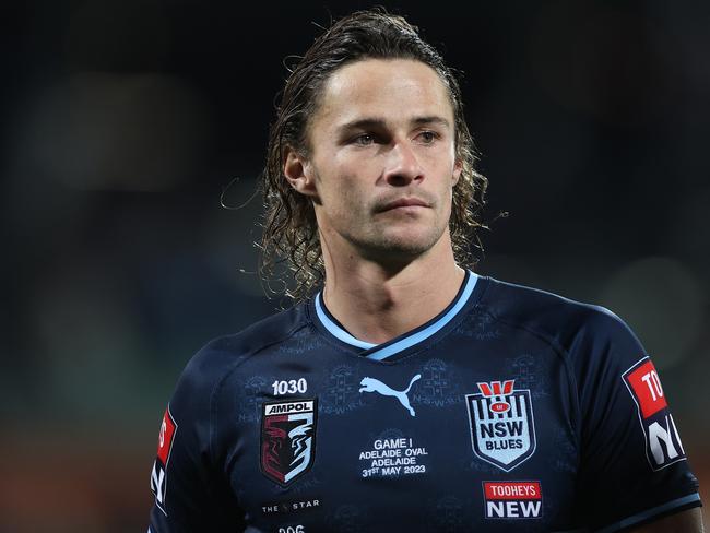 ADELAIDE, AUSTRALIA - MAY 31: Nicholas Hynes of the Blues looks dejected after defeat during game one of the 2023 State of Origin series between the Queensland Maroons and New South Wales Blues at Adelaide Oval on May 31, 2023 in Adelaide, Australia. (Photo by Mark Kolbe/Getty Images)