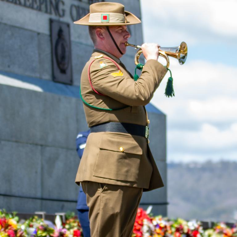 The Last Post is played at Anzac Day services and on Remembrance Day, as seen here at Hobart Cenotaph on November 11, 2024. Picture: Linda Higginson