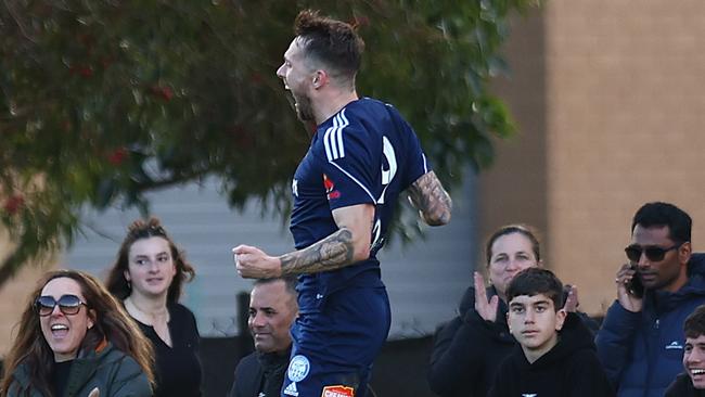 MELBOURNE, AUSTRALIA - AUGUST 13: Alex Salmon of the Oakleigh Cannons (R) celebrates scoring a goal during the round of 32 2023 Australia Cup match between Oakleigh Cannons FC and Melbourne City at Jack Edwards Reserve on August 13, 2023 in Melbourne, Australia. (Photo by Graham Denholm/Getty Images)