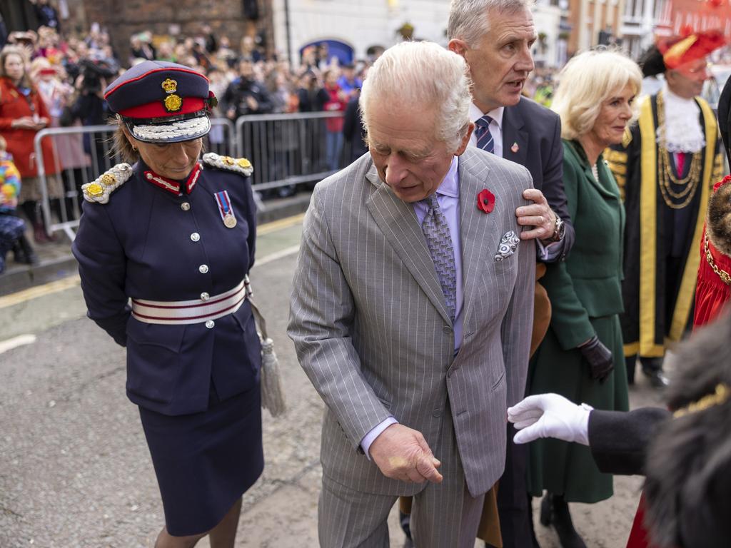 King Charles III reacts after an egg was thrown in his direction in York. Picture: Getty Images