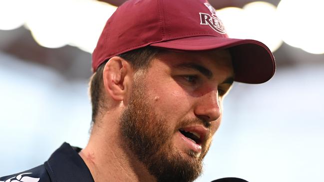 BRISBANE, AUSTRALIA - FEBRUARY 21: Liam Wright of the Reds is interviewed during the round two Super Rugby Pacific match between Queensland Reds and Moana Pasifika at Suncorp Stadium, on February 21, 2025, in Brisbane, Australia. (Photo by Albert Perez/Getty Images)