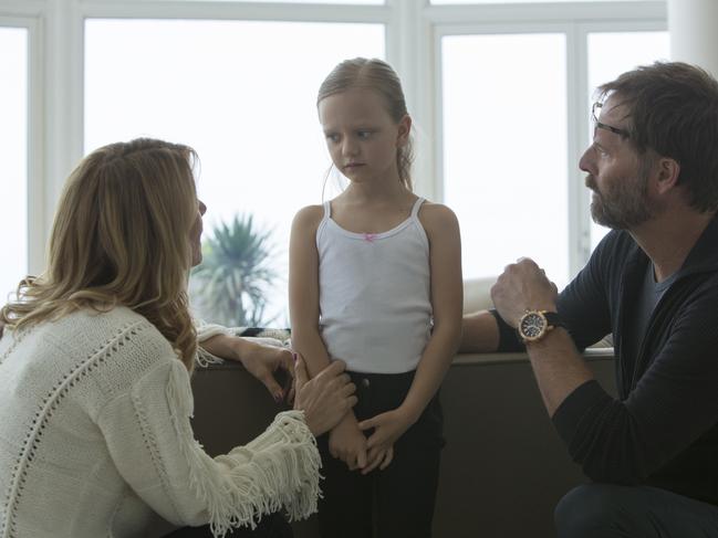 Laura Dern and Jeffrey Nordlum as Renata and Gordon Klein with on-screen daughter Amabella in Big Little Lies.