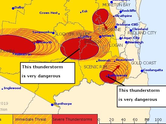 A Bureau of Meteorology map showing the ‘very dangerous’ thunderstorm approaching the Gold Coast. Photo: BOM