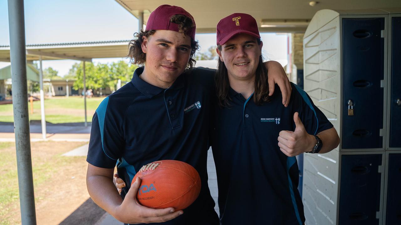 Alex Eadie and Ben Hanna at the Good Shepherd Lutheran College and Taminmin play T for Thomas AFL matches to raise awareness for sepsis. Picture: Pema Tamang Pakhrin