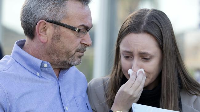 Borce and Sarah Ristevski talk to the media in Avondale Heights soon after the disappearance of Karen Ristevski. Picture: Sarah Matray