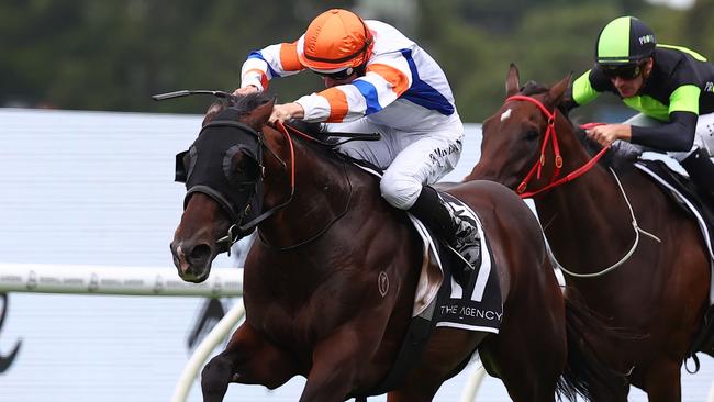 SYDNEY, AUSTRALIA - MARCH 23: Damian Lane riding Veight wins Race 7 The Agency George Ryder Stakes during the Golden Slipper Day - Sydney Racing at Rosehill Gardens on March 23, 2024 in Sydney, Australia. (Photo by Jeremy Ng/Getty Images)