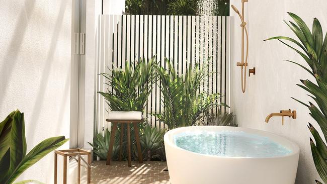 Santana townhouses offer an outdoor bath. The development at 17 Amphora St in Palm Cove is nearing completion. Picture: Supplied