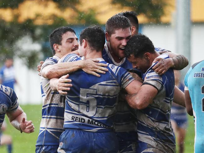 Brothers players celebrate Evan Child's try in the Cairns and District Rugby League (CDRL) match between the Cairns Brothers and the Mossman-Port Douglas Sharks, held at Stan Williams Park, Manunda. Picture: Brendan Radke