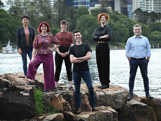 10/10/2024: Greens QLD state election candidates (L-R) Rebecca White for Greenslopes, Holstein Wong for McConnel,  Katinka Winston-Allom for Cooper and  Liam Flenady for Miller , together on the Brisbane river at Kangaroo Point cliffs . pic : Lyndon Mechielsen / The Australian