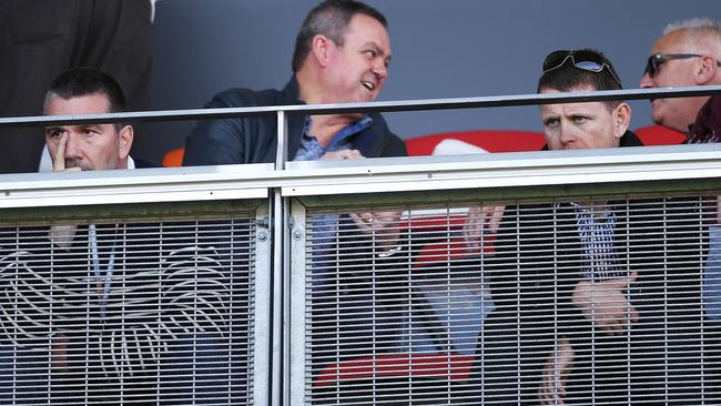 Stephen Silvagni and Brendon Bolton watch a Carlton match from the stands after his appointment in 2015. Picture: Phil Hillyard.