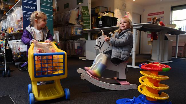 Olivia, 3, and Marianne, 3, enjoy the Caulfield Community Toy Library. Picture: Josie Hayden