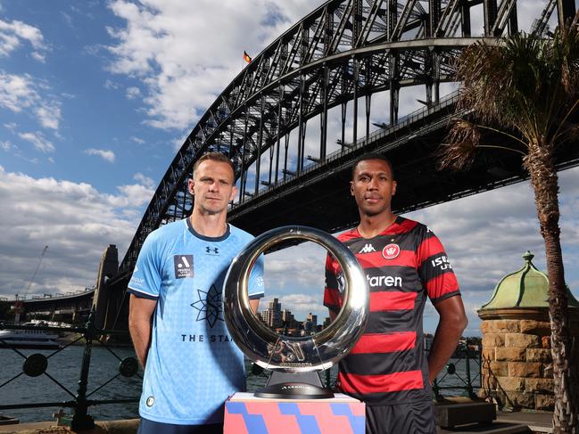 Rival captains, Sydney FC’s Alex Wilkinson (left) and Western Sydney’s Marcelo. are ready for the first ever A-League finals derby between the clubs. Picture: Mark Metcalfe/Getty Images