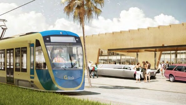 An artist’s impression of light rail arriving at Coolangatta terminal at the Gold Coast Airport.